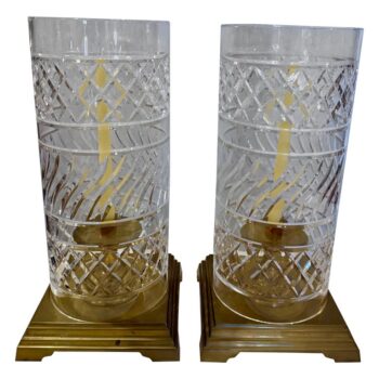 Vintage Crystal & Heavy Brass Hurricane Lanterns, PAIR