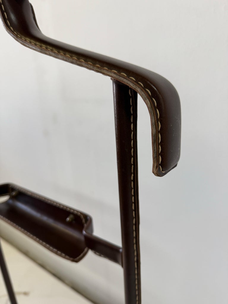 1950's Dark Brown Stitched Leather Valet Stand by Jacques Adnet