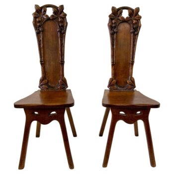 Maison Antoine Bastet Antique Carved Oak Hall Side Chairs, Pair