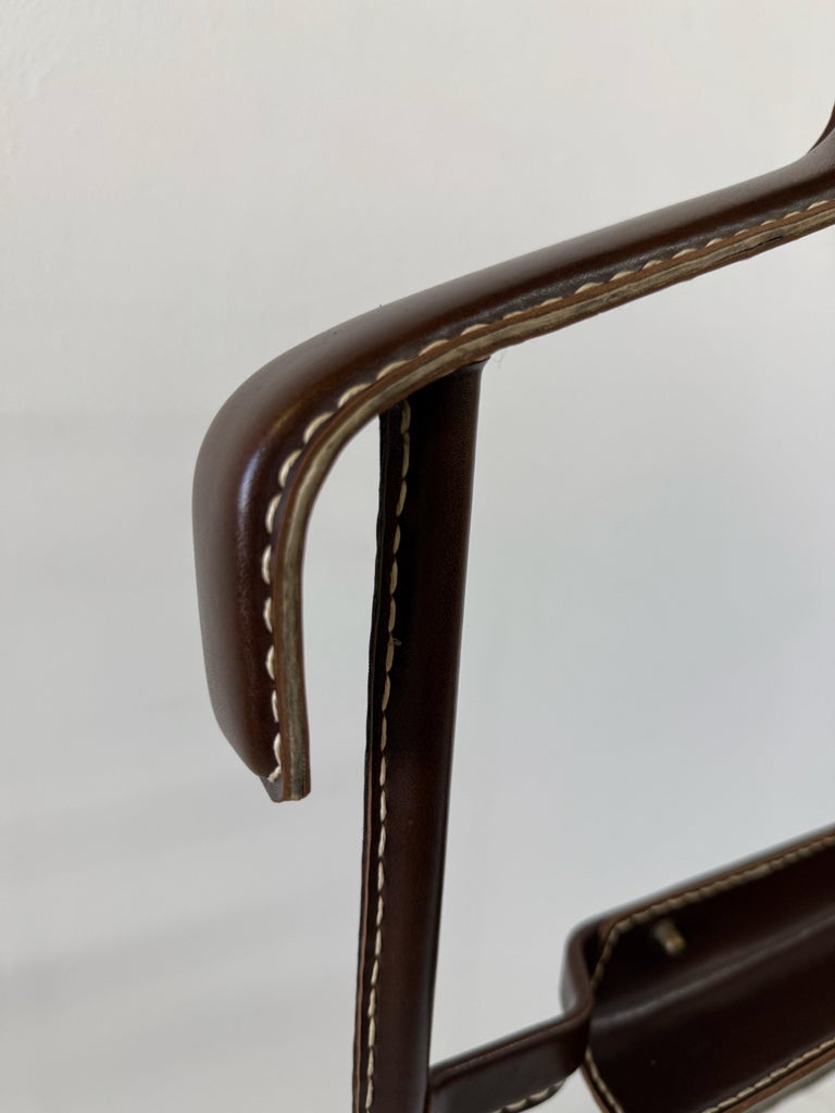 1950's Dark Brown Stitched Leather Valet Stand by Jacques Adnet