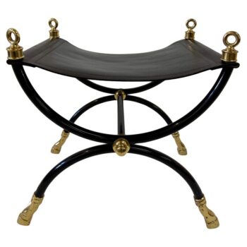 Maison Jansen Curule Stool in Stitched Leather, Brass and Metal