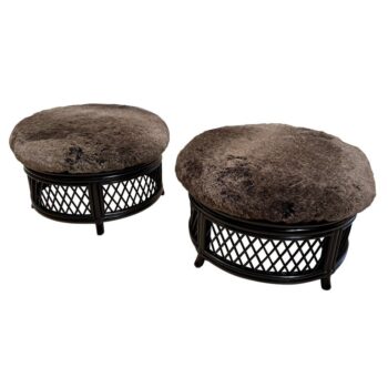 Pair of Laquered Bamboo Ottomans-Poufs w/ Faux Fur Seats, Pair
