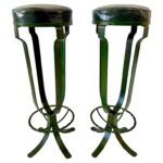 Pair of 1930's French Deco Green Leather Iron Bar Stools