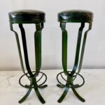 Pair of 1930's French Deco Green Leather Iron Bar Stools
