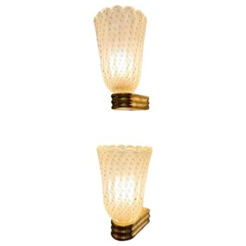 Pair of Barovier Style Murano Pulegoso Gold Glass & Brass Sconces