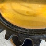 Antique Machine Cog Wood Mold and Brass Side Table