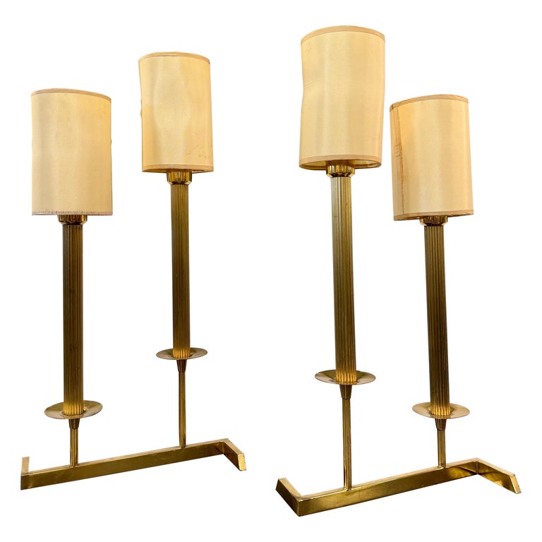 Modern French Brass Two-Stem Candelabra Style Table Lamps