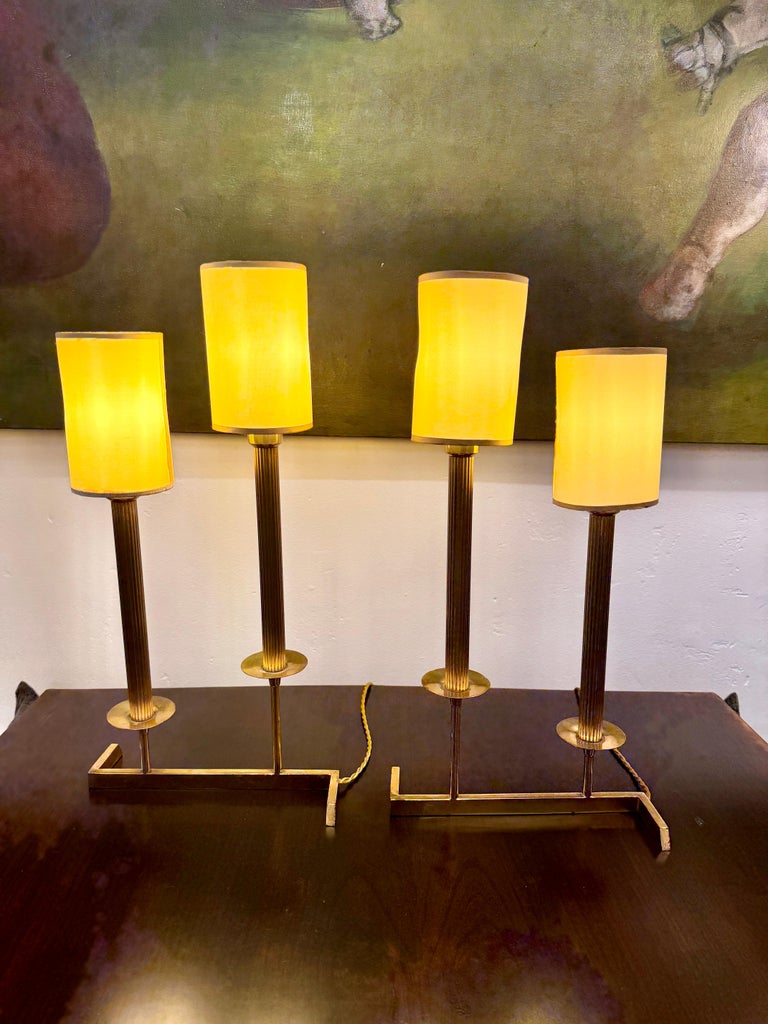 Modern French Brass Two-Stem Candelabra Style Table Lamps
