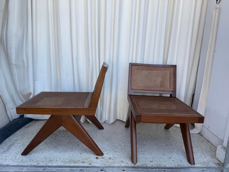 Pair of Beautiful Low Solid Teak Chairs w/ Cane Seat and Back Rest