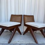 Pair of Beautiful Low Solid Teak Chairs w/ Cane Seat and Back Rest