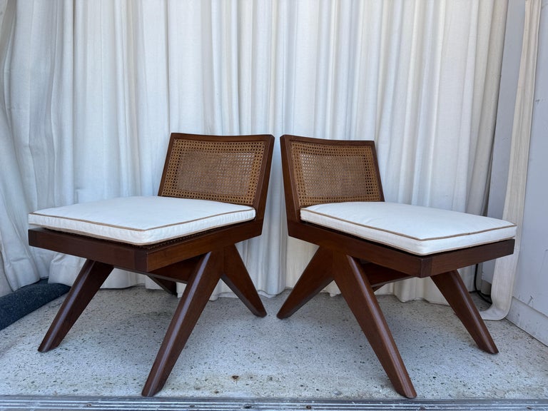 Pair of Beautiful Low Solid Teak Chairs w/ Cane Seat and Back Rest