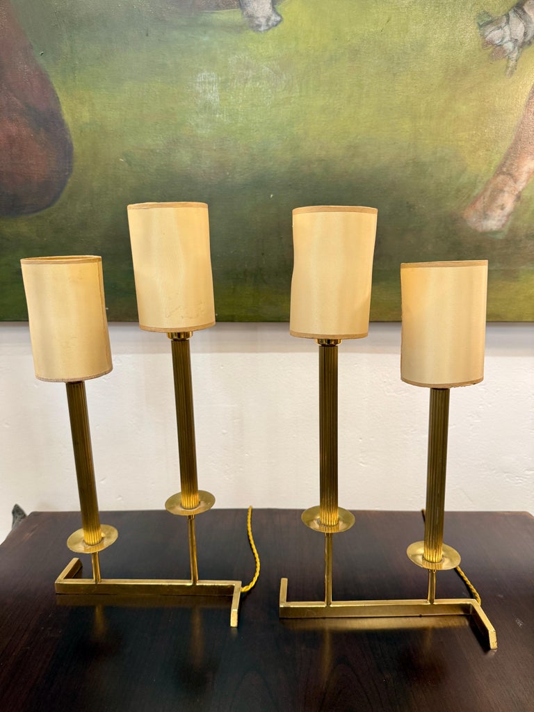 Modern French Brass Two-Stem Candelabra Style Table Lamps