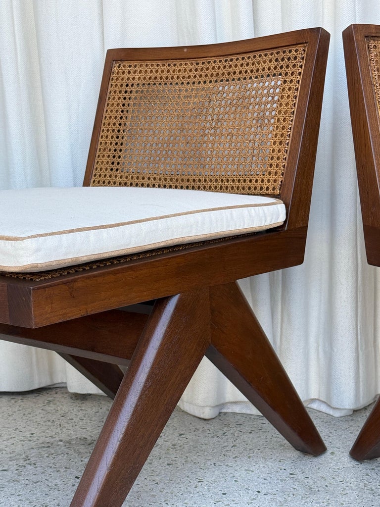 Pair of Beautiful Low Solid Teak Chairs w/ Cane Seat and Back Rest