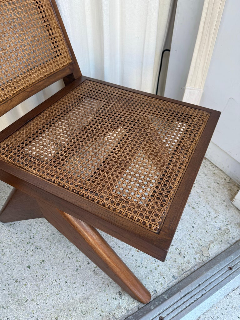 Pair of Beautiful Low Solid Teak Chairs w/ Cane Seat and Back Rest