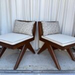 Pair of Beautiful Low Solid Teak Chairs w/ Cane Seat and Back Rest