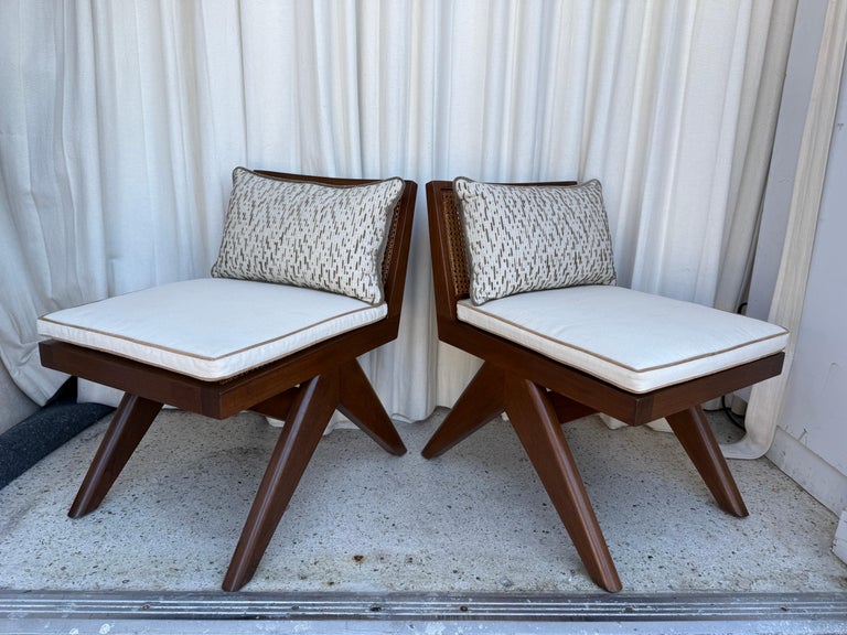 Pair of Beautiful Low Solid Teak Chairs w/ Cane Seat and Back Rest