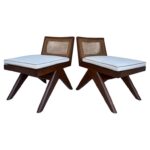 Pair of Beautiful Low Solid Teak Chairs w/ Cane Seat and Back Rest