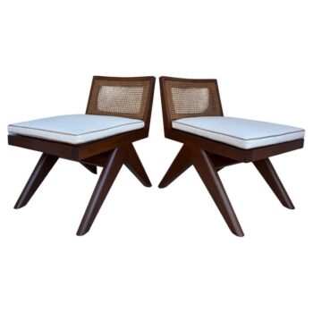 Pair of Beautiful Low Solid Teak Chairs w/ Cane Seat and Back Rest