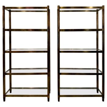 Pair of Patinated Brass Mastercraft Etageres w/ Five (5) Glass Shelves