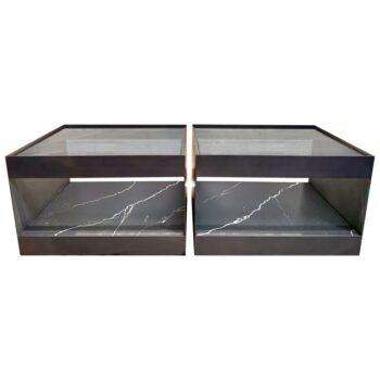 Two-Tier Safety Wire Glass Top & Brass Trim Side Tables on Casters, Pair