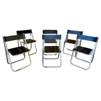 Set of Six (6) Arrben Italy Black Leather Folding Chairs