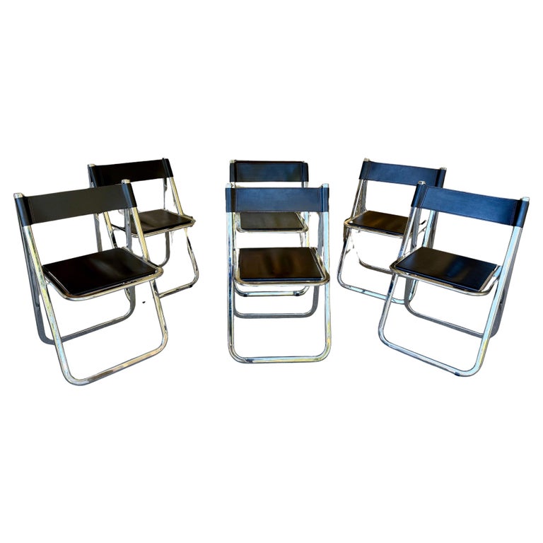 Set of Six (6) Arrben Italy Black Leather Folding Chairs