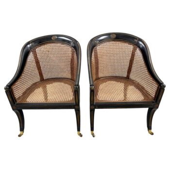 Pair of 19th C. Style French Regency Ebonized Wood & Cane Chairs on Casters