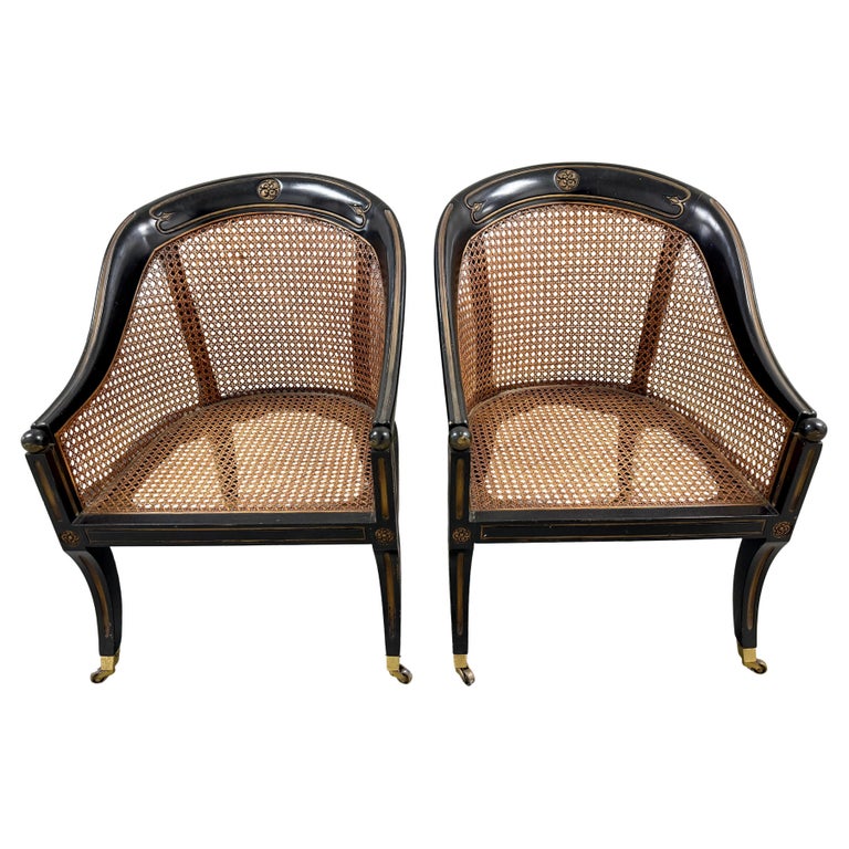 Pair of 19th C. Style French Regency Ebonized Wood & Cane Chairs on Casters