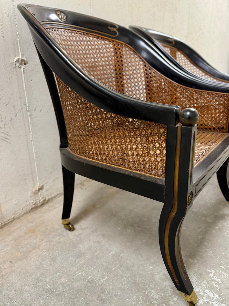 Pair of 19th C. Style French Regency Ebonized Wood & Cane Chairs on Casters