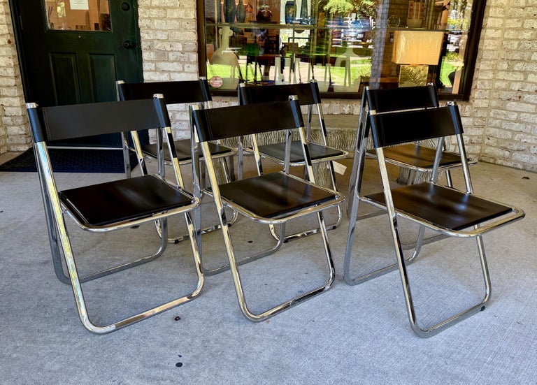 Set of Six (6) Arrben Italy Black Leather Folding Chairs