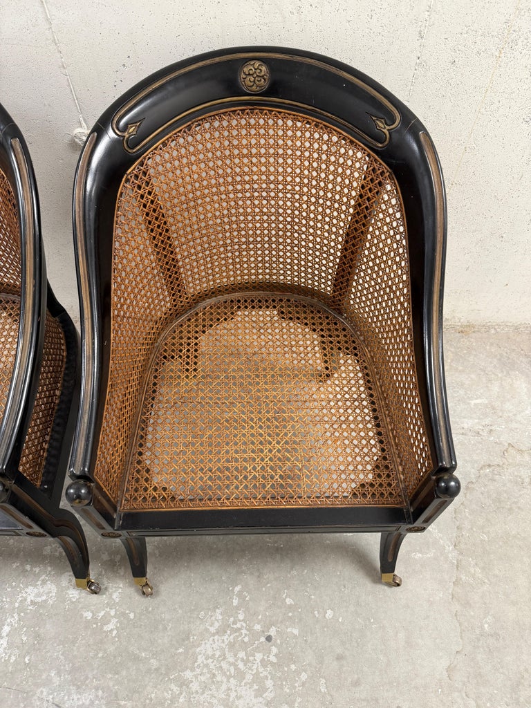 Pair of 19th C. Style French Regency Ebonized Wood & Cane Chairs on Casters
