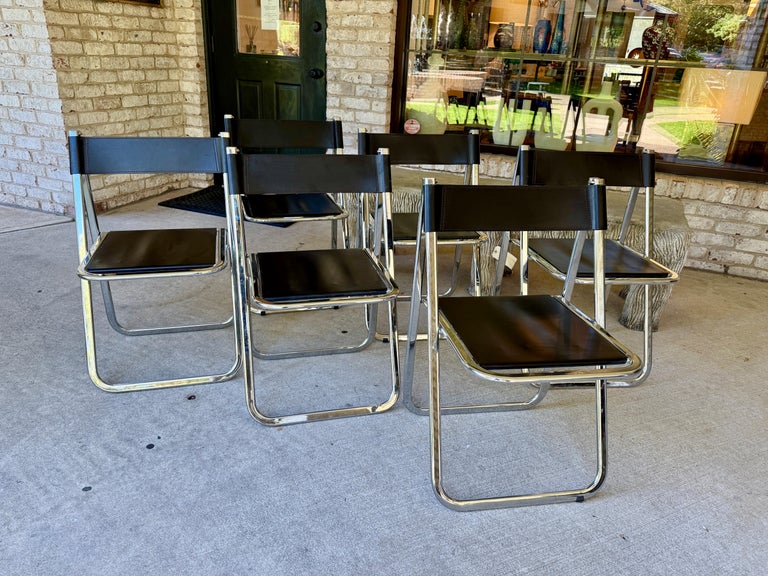 Set of Six (6) Arrben Italy Black Leather Folding Chairs