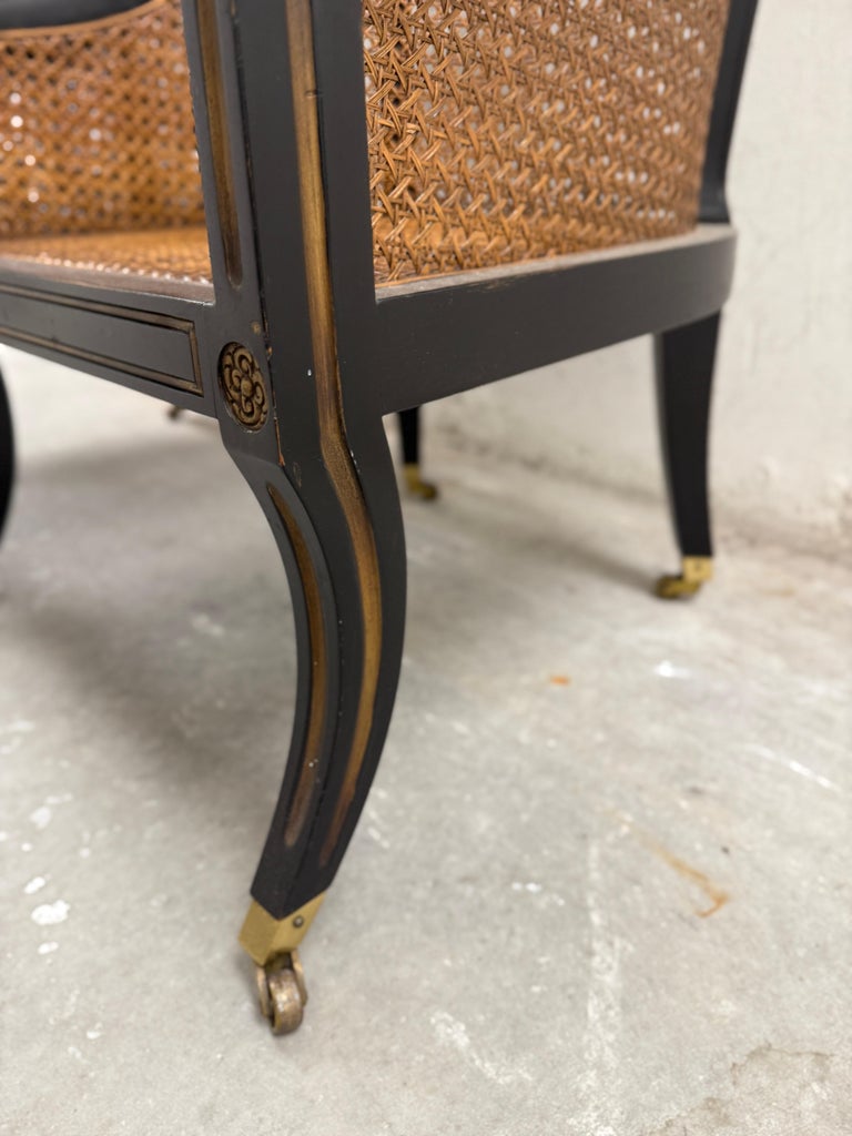 Pair of 19th C. Style French Regency Ebonized Wood & Cane Chairs on Casters