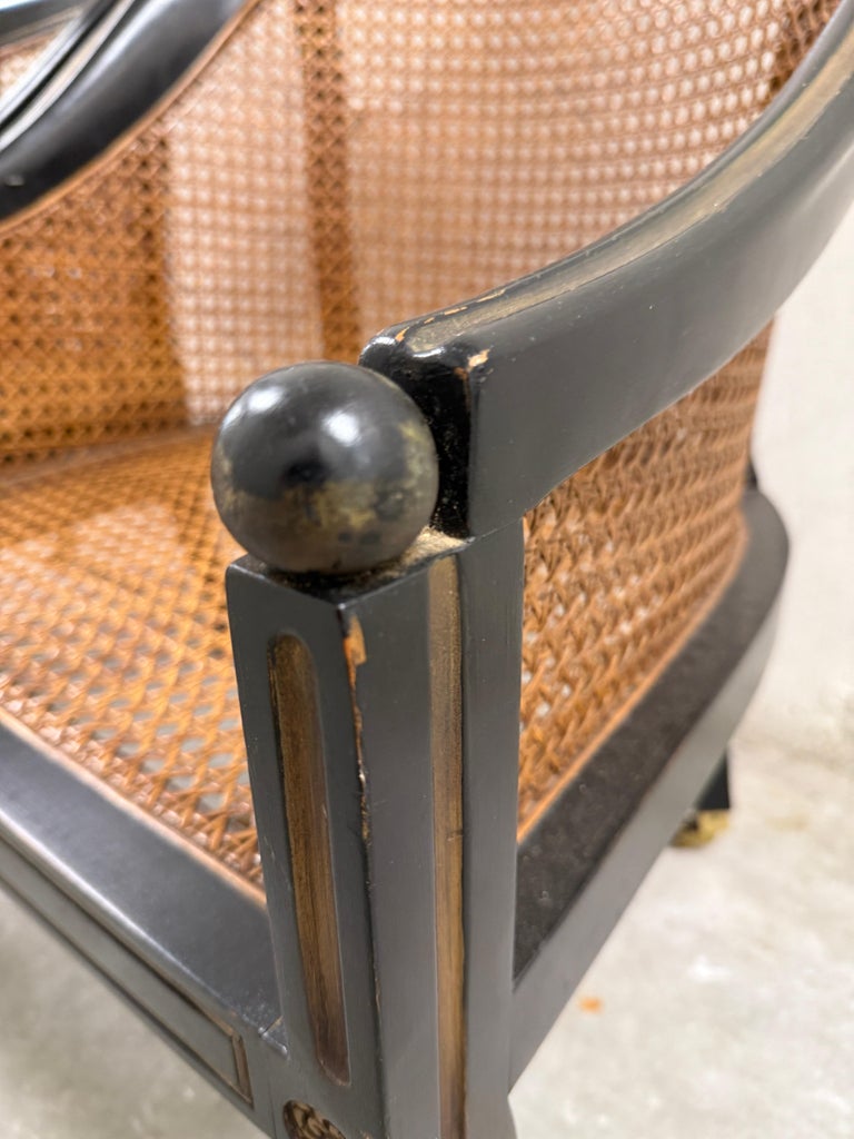 Pair of 19th C. Style French Regency Ebonized Wood & Cane Chairs on Casters