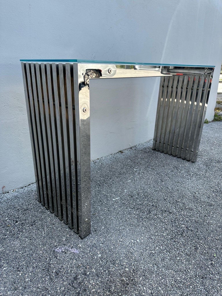 1970's Chromed Slat Waterfall Console in the style of Milo Baughman