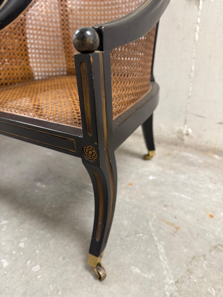 Pair of 19th C. Style French Regency Ebonized Wood & Cane Chairs on Casters