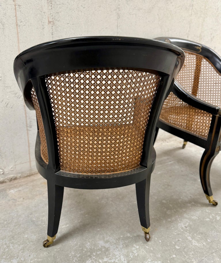 Pair of 19th C. Style French Regency Ebonized Wood & Cane Chairs on Casters