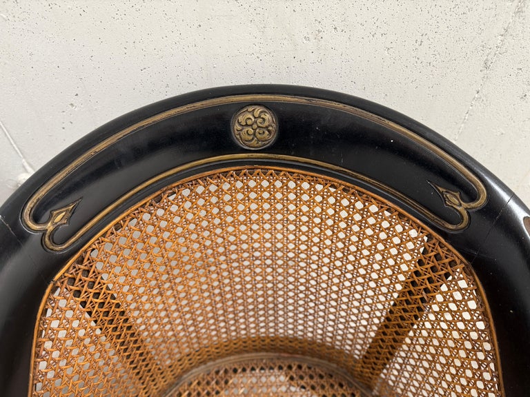 Pair of 19th C. Style French Regency Ebonized Wood & Cane Chairs on Casters