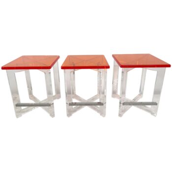 Set of Three Thick Orange & Clear Acrylic Counter Height Bar Stools
