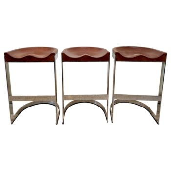 Warren Bacon Leather Seat & Chrome Cantilever Bar Stools - Set of Three (3)