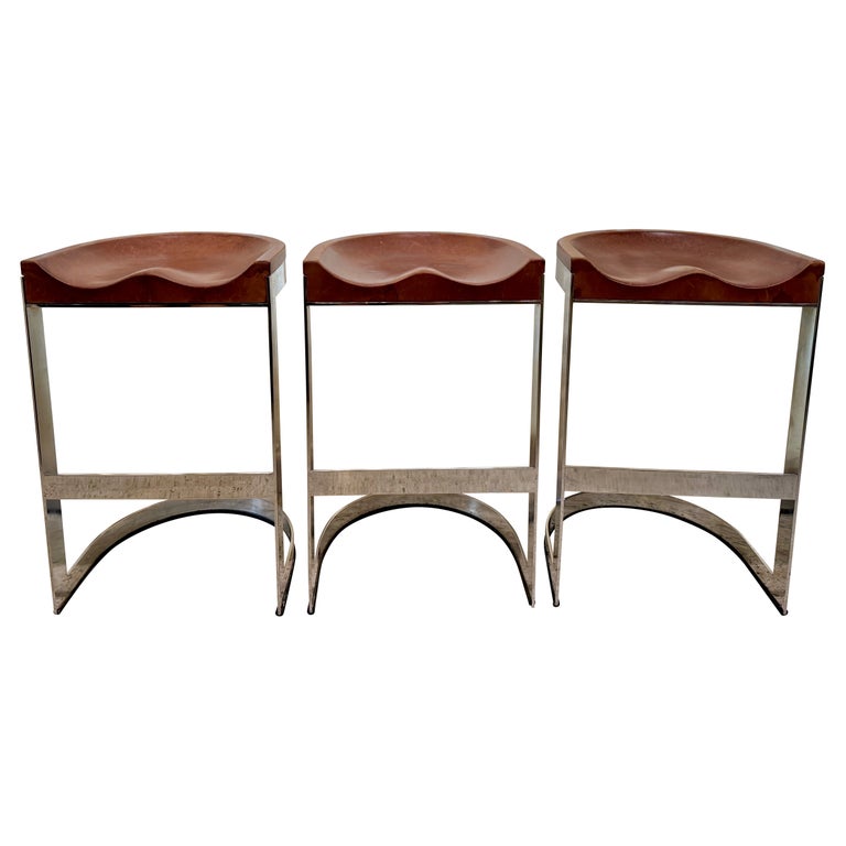 Warren Bacon Leather Seat & Chrome Cantilever Bar Stools - Set of Three (3)