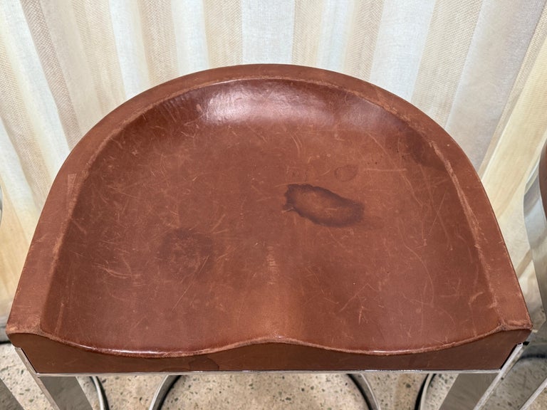 Warren Bacon Leather Seat & Chrome Cantilever Bar Stools - Set of Three (3)