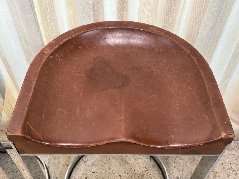 Warren Bacon Leather Seat & Chrome Cantilever Bar Stools - Set of Three (3)