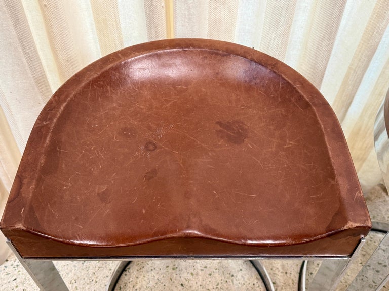 Warren Bacon Leather Seat & Chrome Cantilever Bar Stools - Set of Three (3)