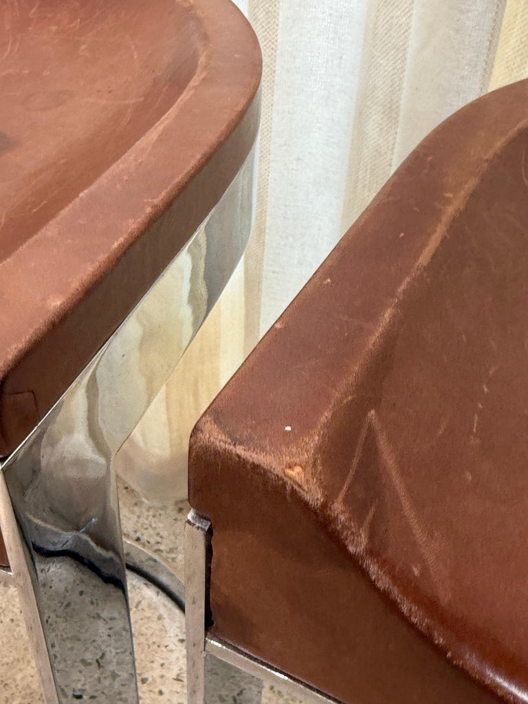 Warren Bacon Leather Seat & Chrome Cantilever Bar Stools - Set of Three (3)