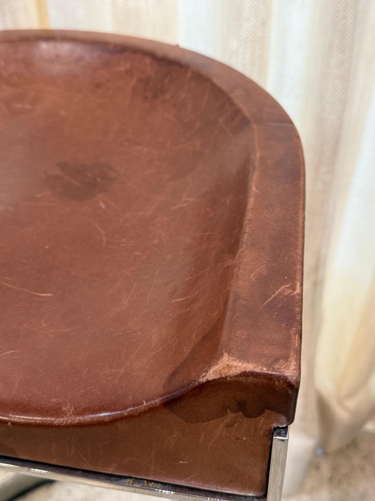 Warren Bacon Leather Seat & Chrome Cantilever Bar Stools - Set of Three (3)