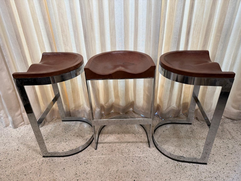 Warren Bacon Leather Seat & Chrome Cantilever Bar Stools - Set of Three (3)