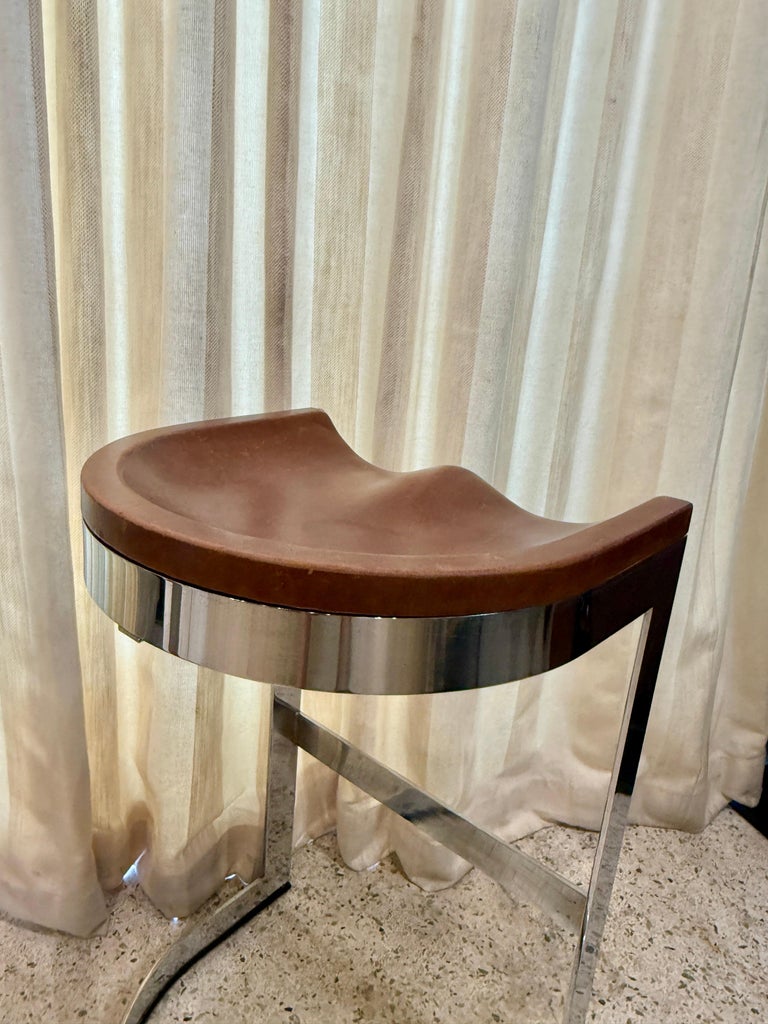 Warren Bacon Leather Seat & Chrome Cantilever Bar Stools - Set of Three (3)