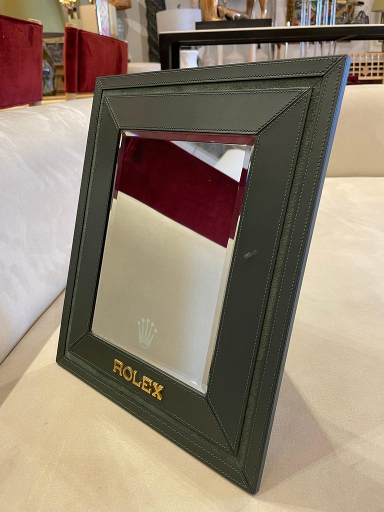 Original Vintage Rolex Swiss-Made Green Stitched Leather Display Mirror