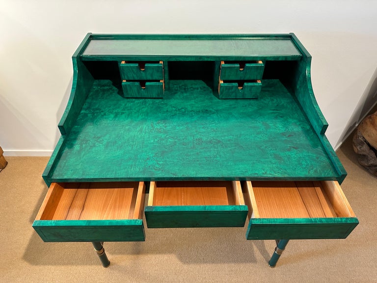 Italian Burl Wood & Brass Desk in Green Malachite Stain